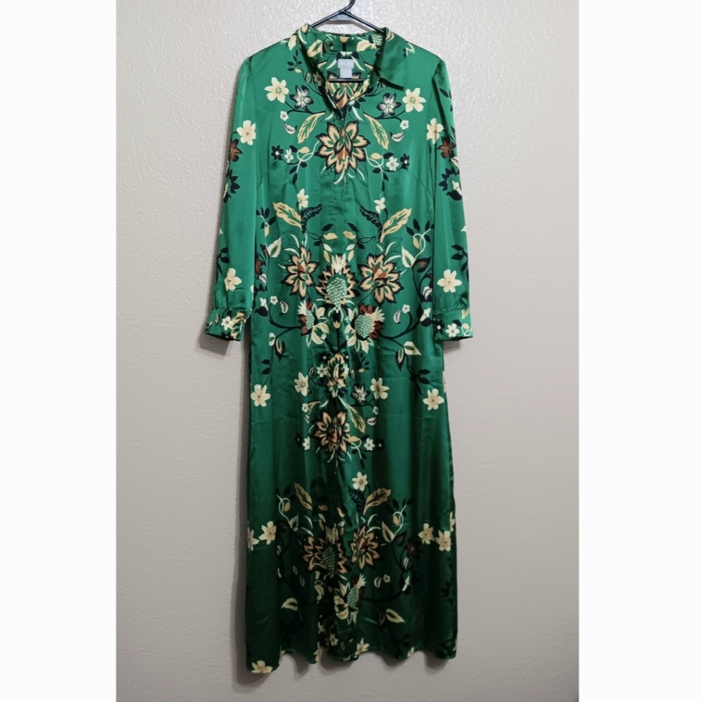 Chico's Green Floral Satin Maxi Dress Lined